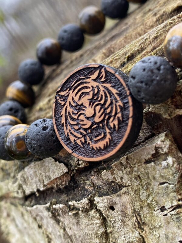 Náramek Hlava Tygra - merbau, tygří oko, láva - Obrázek 2