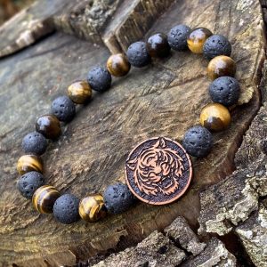 Náramek Hlava Tygra - merbau, tygří oko, láva